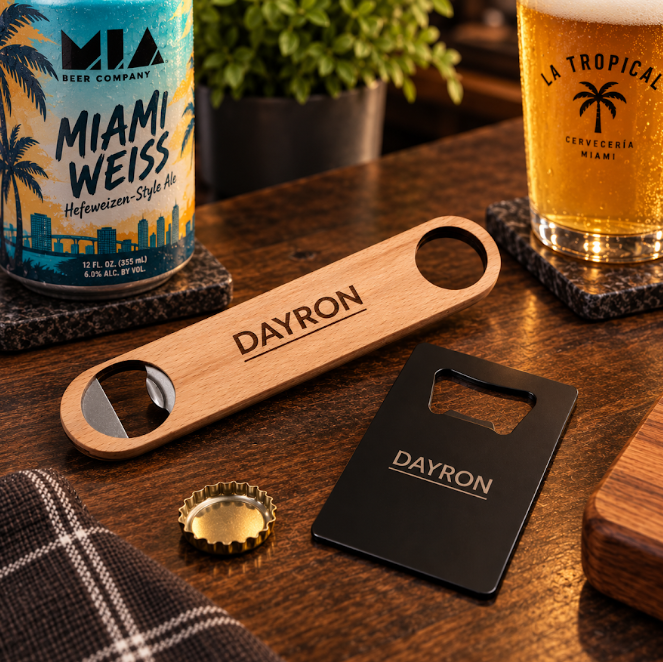 Engraved wood and metal bottle openers