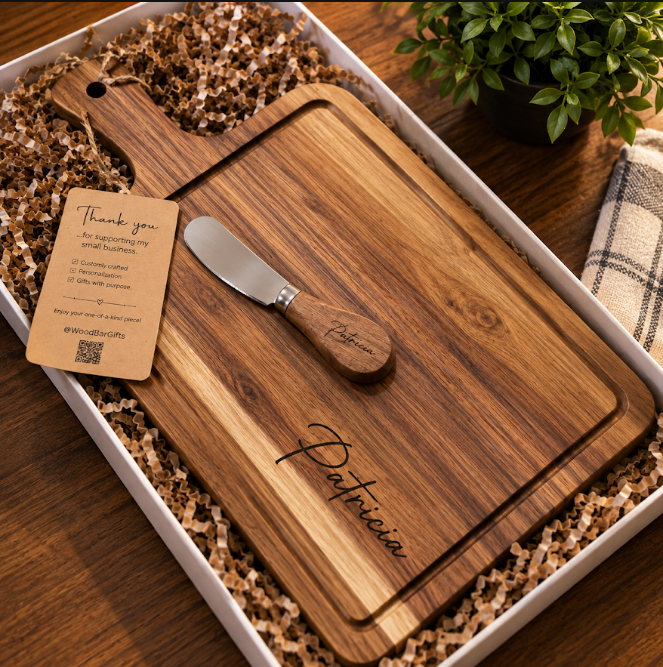 Personalized walnut charcuterie board and cheese knife