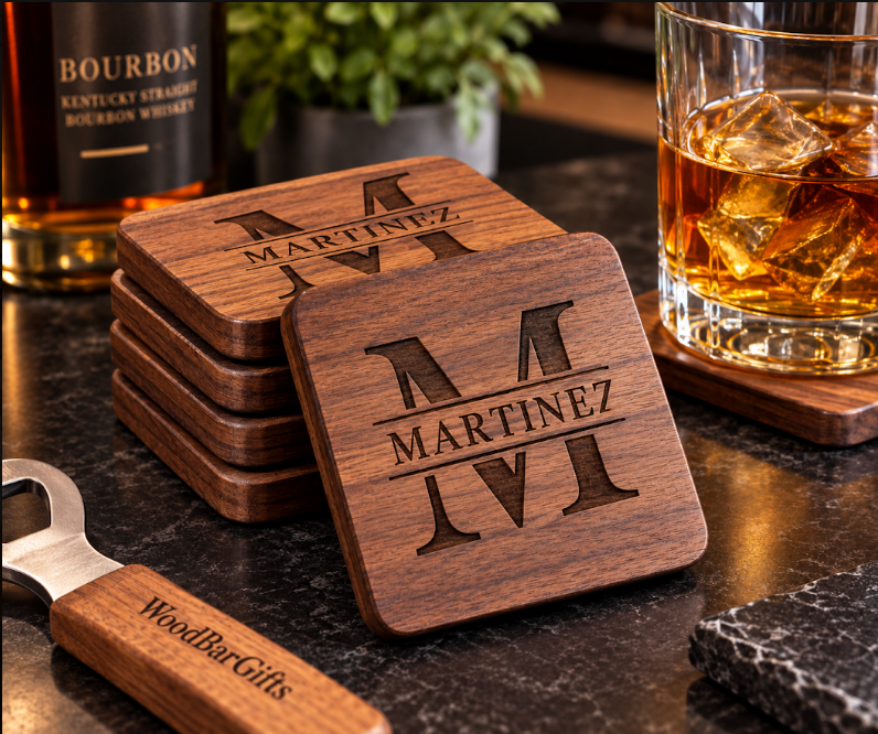 Monogrammed wood coaster set