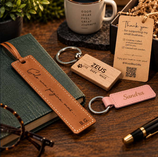 Personalized leather bookmark and keychains