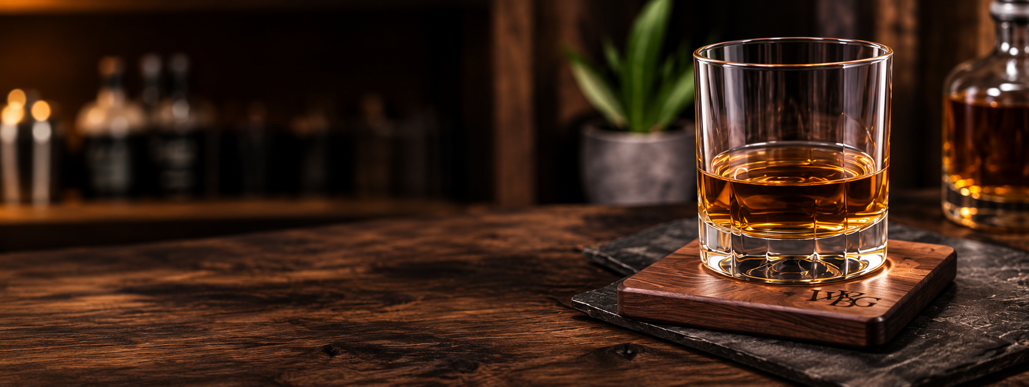 Personalized whiskey coaster on a bar table
